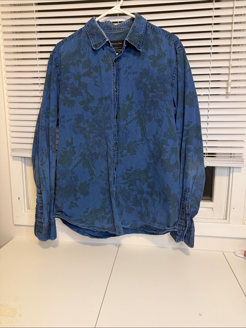 Massimo Dutti Tessuto Italiano Men's Blue Floral Chambray Button Down Shirt XL